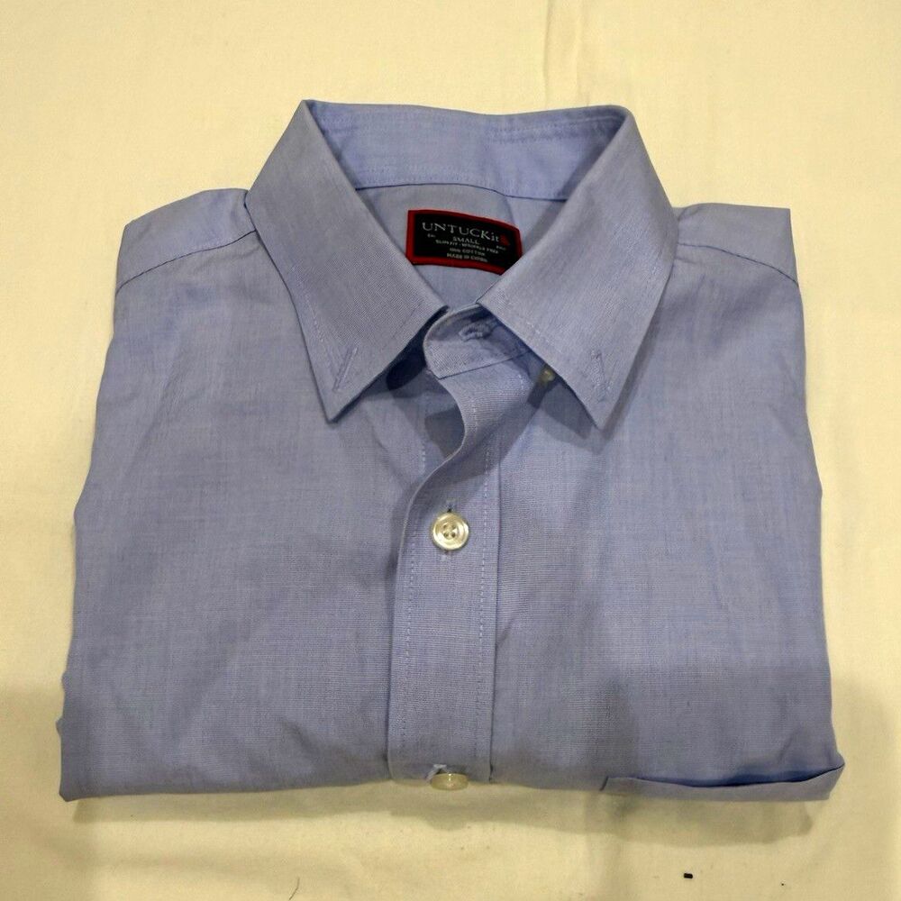 UNTUCKit Men’s Blue Solid Cotton Dress Shirt Slim Fit Wrinkle Resistant S 32/33